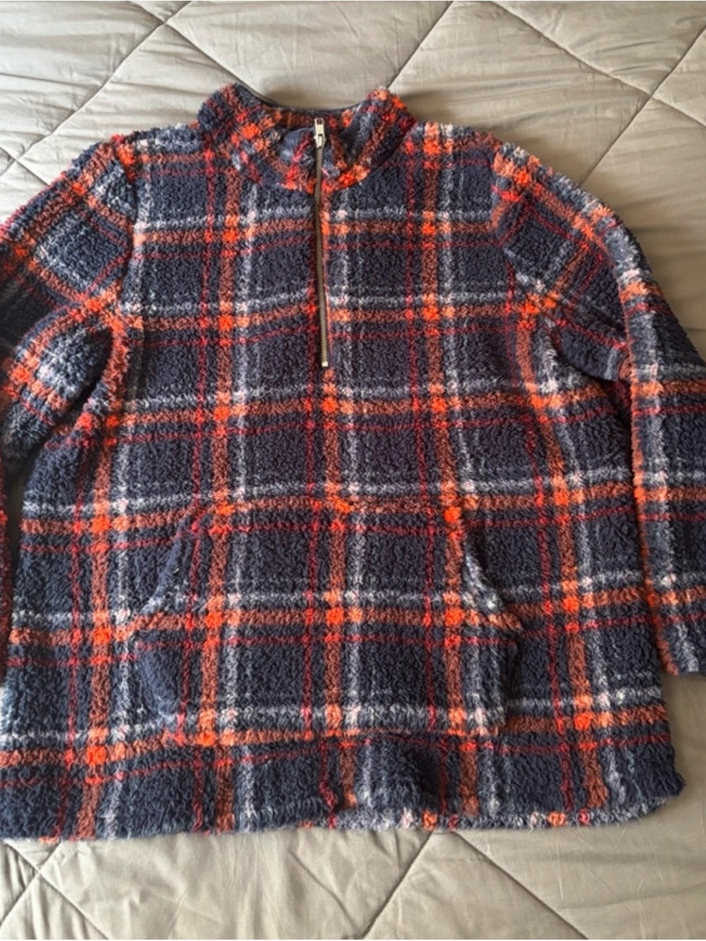 Style & Co. Navy and Orange Plaid Half-Zip Sherpa Pullover